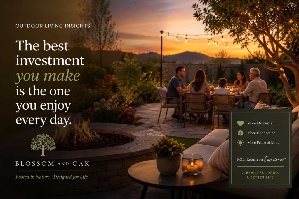 Outdoor living moments graphic for Blossom and Oak Landscaping Tips